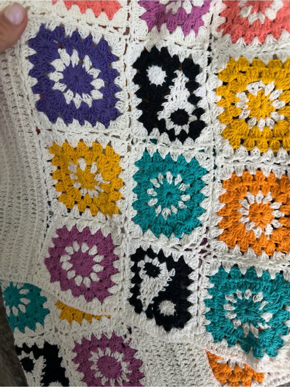 EARTHBOUND Cream Crochet Cardigan with Teal, Purple & Coral Squares - Picture 4 of 6